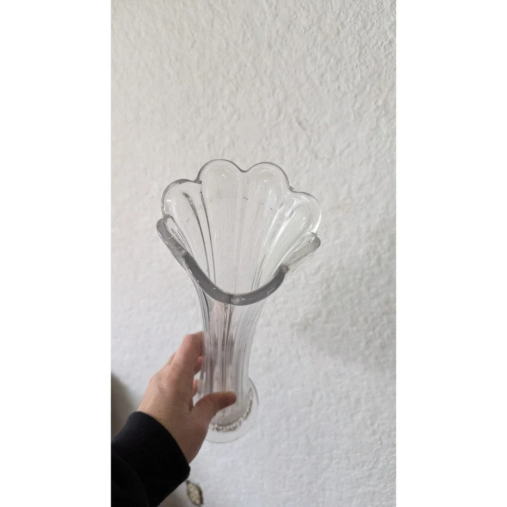 Vintage Clear Glass Fluted‎ Bud Vase Scalloped Rim Ribbed Trumpet 12.5 Inch